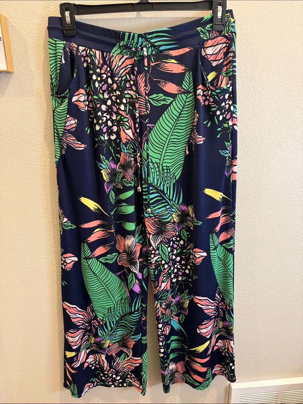 Wide Leg Tropical Print Pants - Navy with Green & Pink Floral